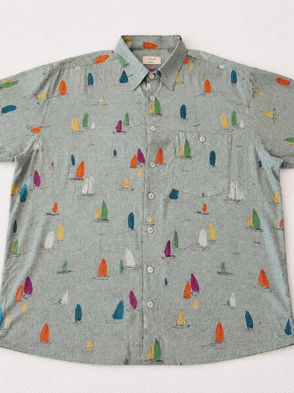 Casa Moda XL Button Up Short Sleeve Shirt Sailboat All-Over Print Cotton Green